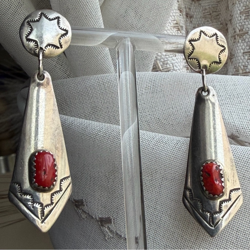Native American Vintage Sterling Silver Red Coral Stone Drop Post Earrings
